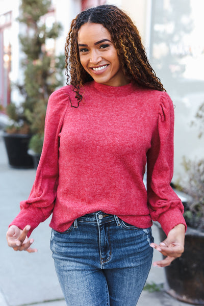 Stay Awhile Red Brushed Melange Puff Short Sleeve Sweater