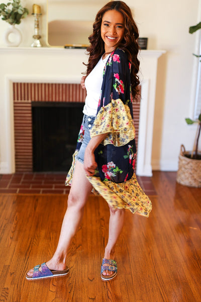 Navy & Yellow Colorblock Floral Chiffon Ruffle Kimono