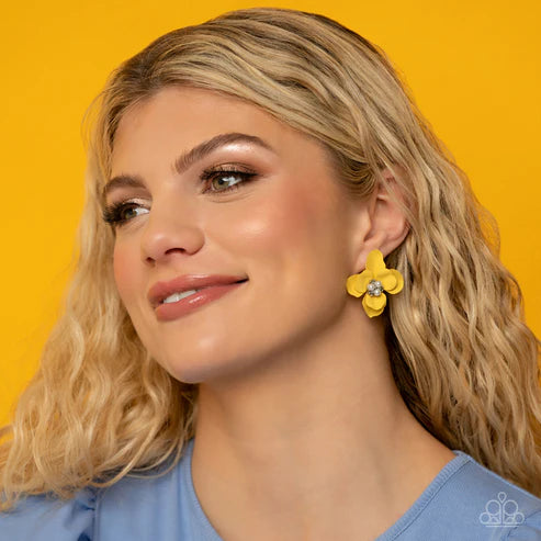 Jovial Jasmine - Yellow Paparazzi Post Earrings (PZ-1283)