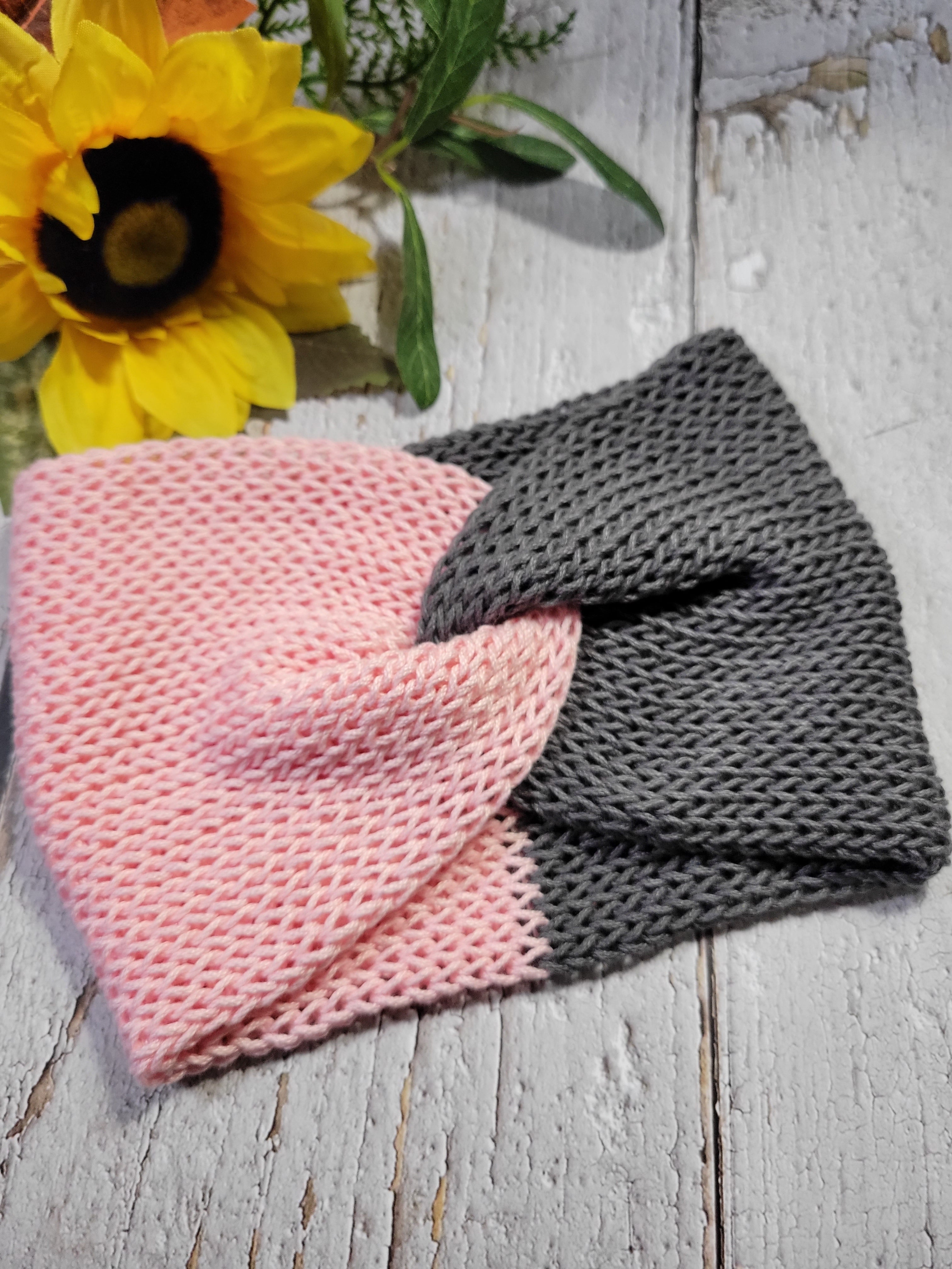 Cross Knit Hat - Pink/Gray - Country Craft Barn Headband (HB-900)