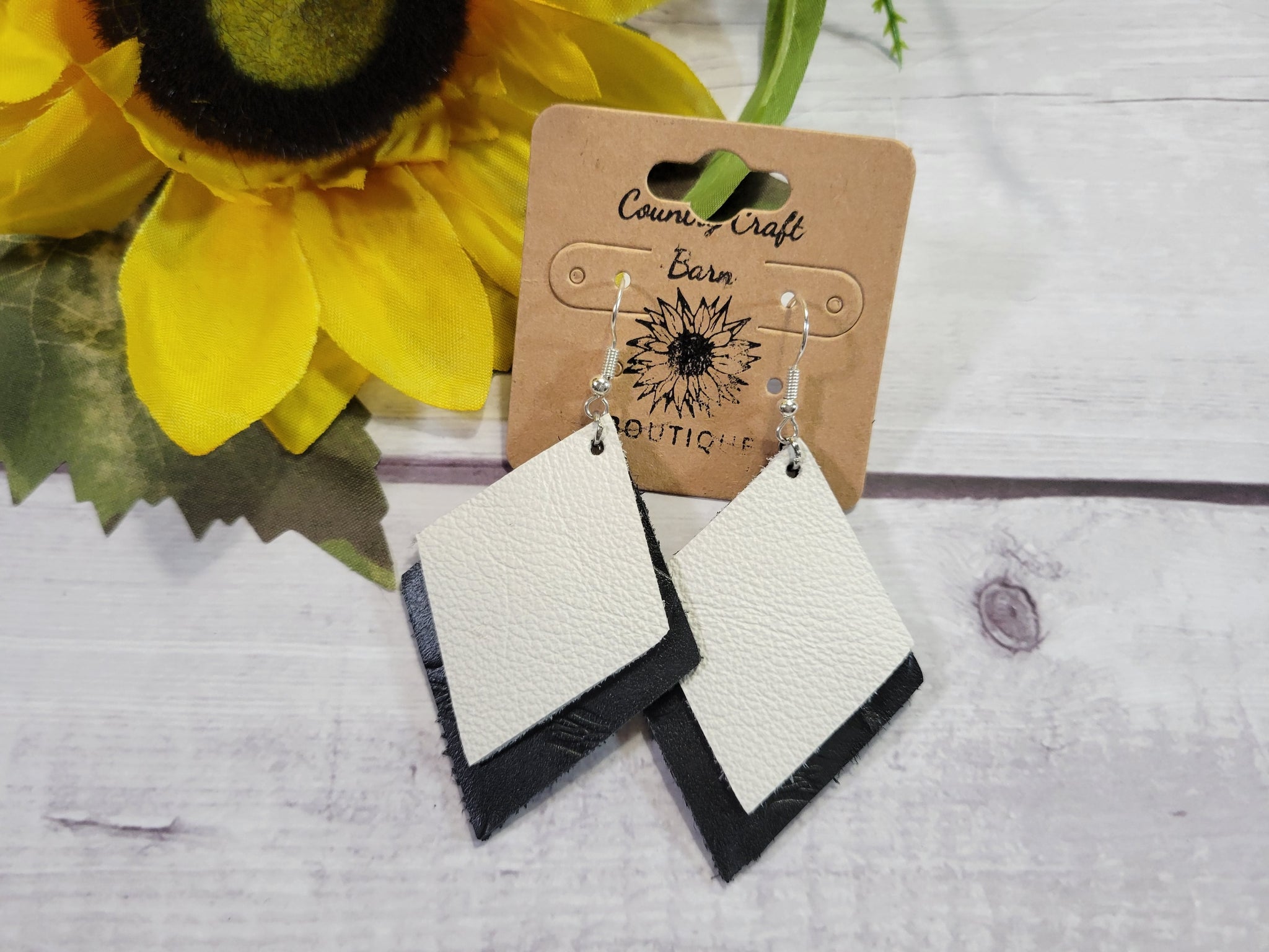 Diamond Cutie - Black/White Leather Country Craft Earrings (#022)