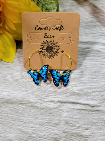 Dangling Butterfly - Blue Monarch Country Craft Barn Earrings (#043)