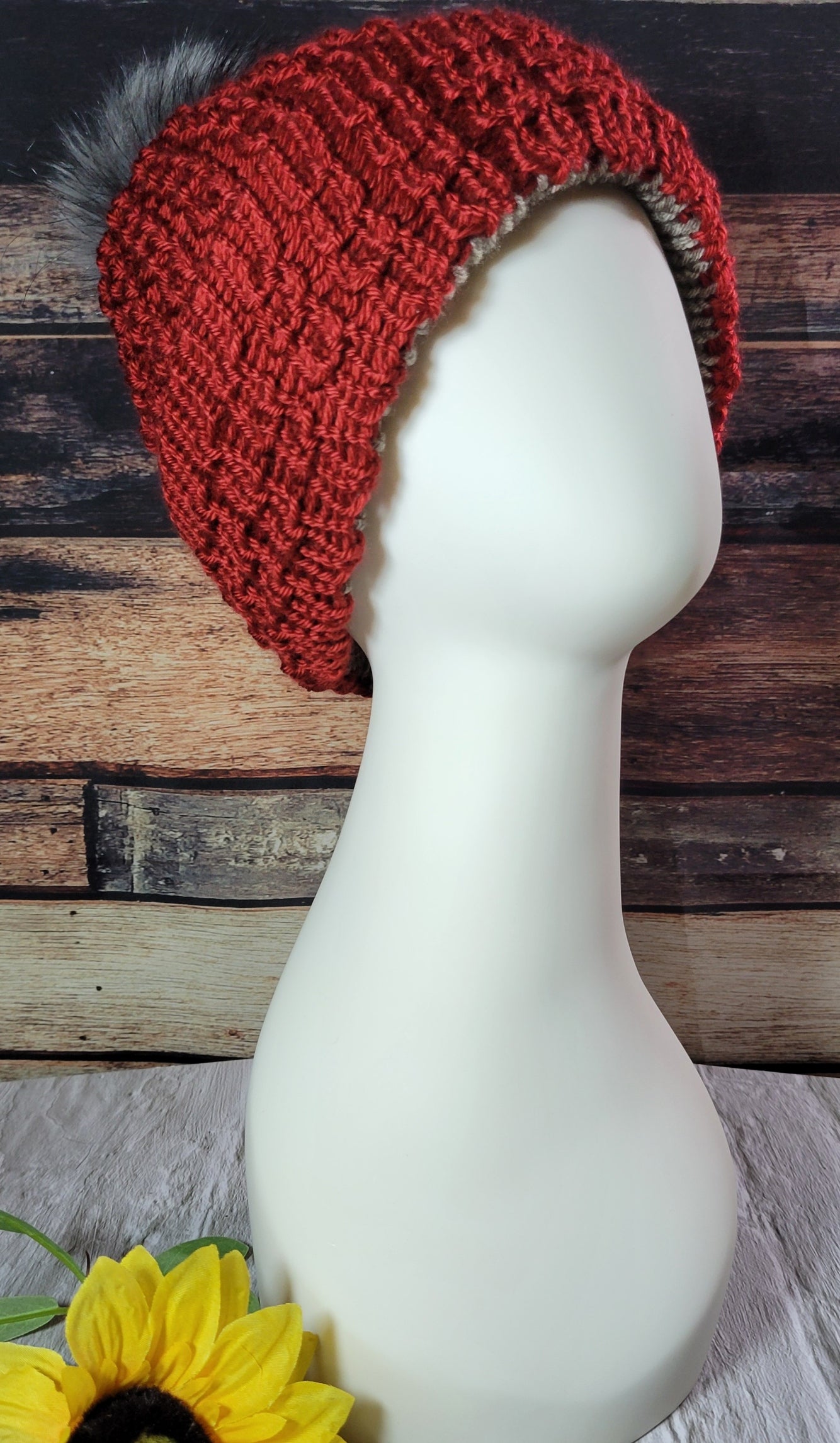 Lace Reversible- Burgundy/Brown Heathered Country Craft Barn Knit Hat (KH-2006)