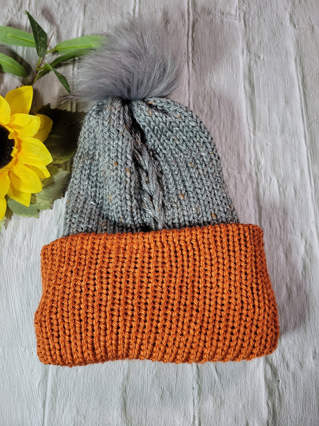 Braid Reversible- Gray/Rust Country Craft Barn Knit Hat (#2008)