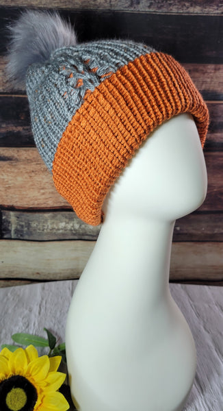 Braid Reversible- Gray/Rust Country Craft Barn Knit Hat (#2008)