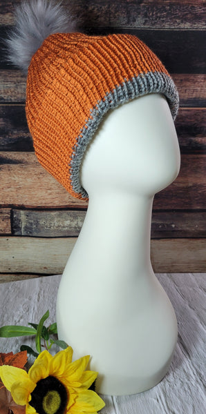 Braid Reversible- Gray/Rust Country Craft Barn Knit Hat (#2008)