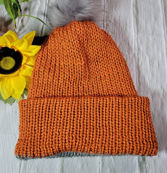 Braid Reversible- Gray/Rust Country Craft Barn Knit Hat (#2008)