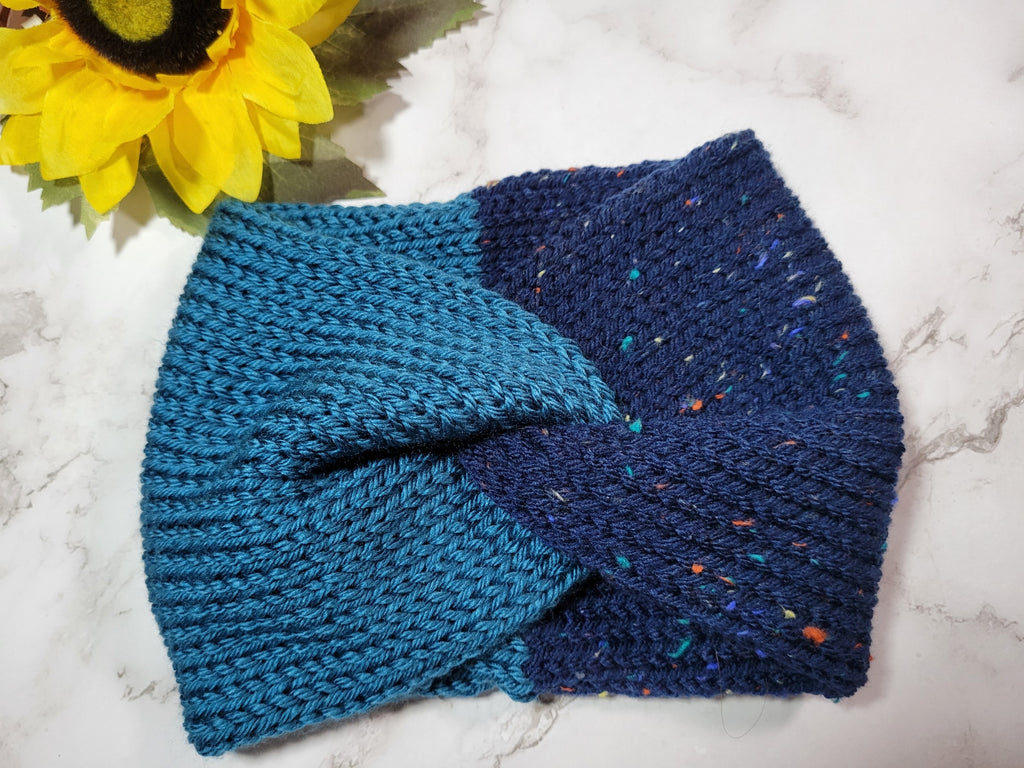 Cross Knit Headband/Ear Warmer - Navy Tweed/Teal Country Craft Barn (HB-919)