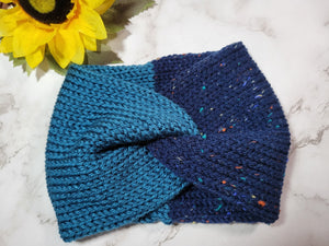 Cross Knit Headband/Ear Warmer - Navy Tweed/Teal Country Craft Barn (#919)