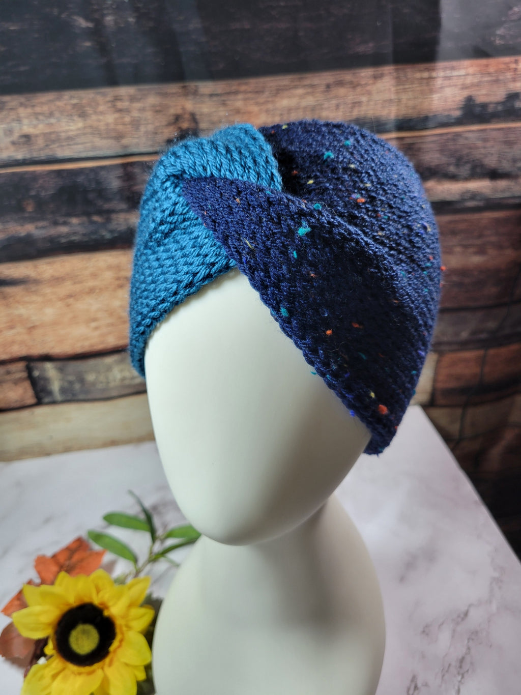 Cross Knit Headband/Ear Warmer - Navy Tweed/Teal Country Craft Barn (HB-919)
