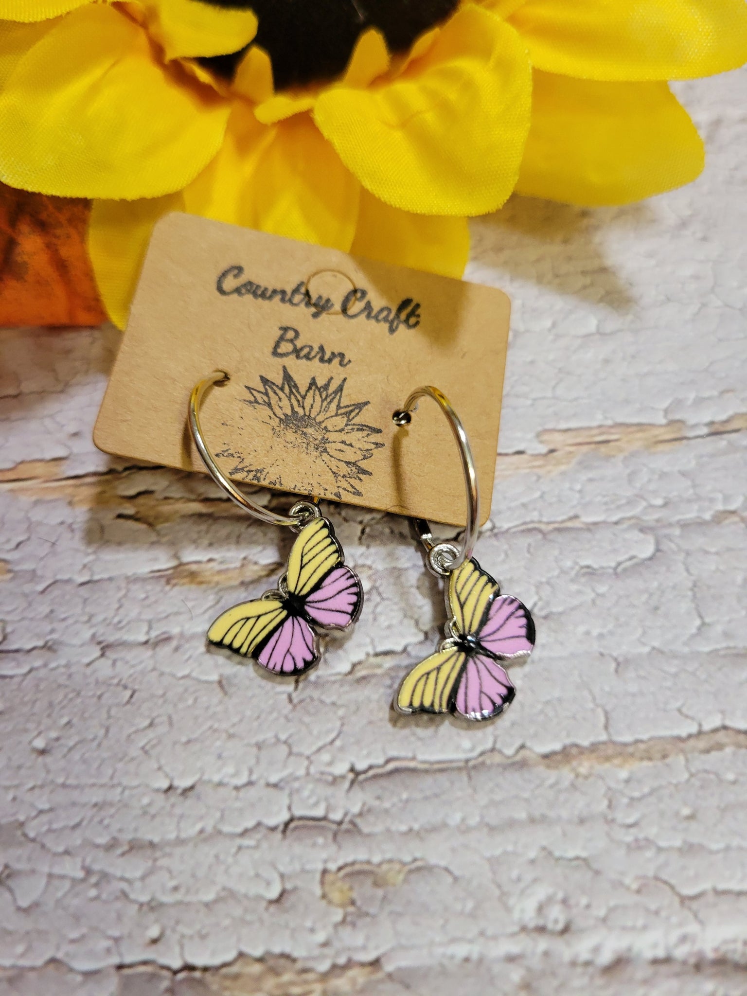 Dangling Butterfly - Pink/Yellow Split Country Craft Barn Earrings (#088)