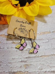 Dangling Butterfly - Pink/Yellow Split Country Craft Barn Earrings (#088)