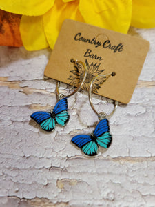 Dangling Butterfly - Blue/Teal Split Country Craft Barn Earrings (#086)