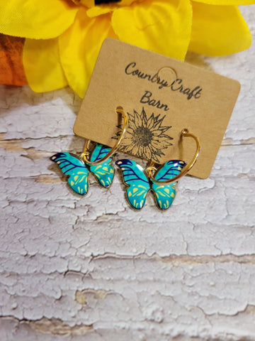 Dangling Butterfly - Teal/NavY Country Craft Barn Earrings (#081)