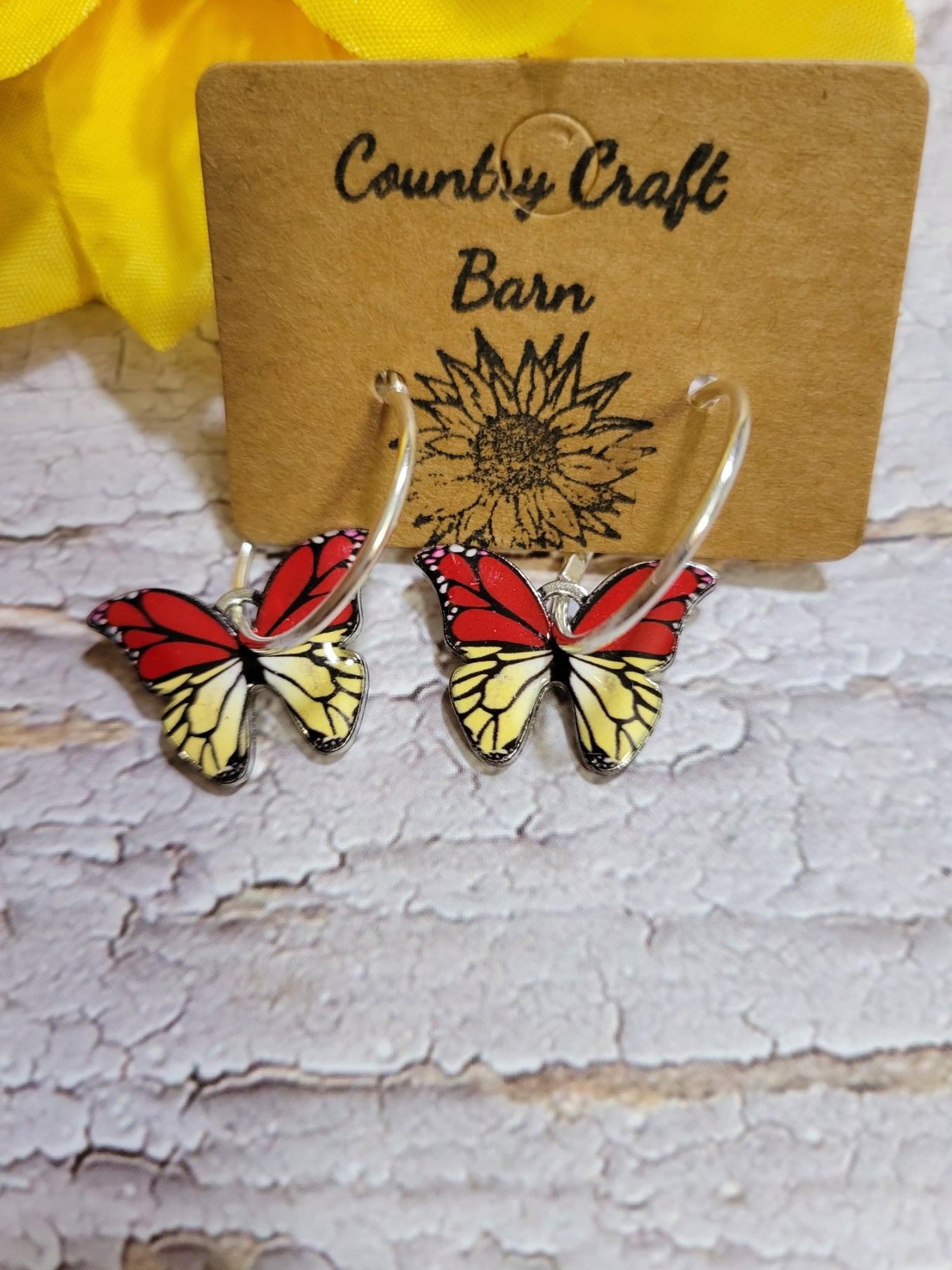 Dangling Butterfly - Red/Yellow Country Craft Barn Earrings (#074)