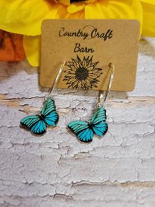 Dangling Butterfly - Teal/Lt Blue Country Craft Barn Earrings (#073)