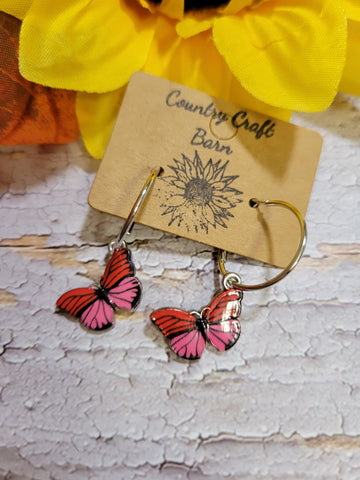 Dangling Butterfly - Red/Pink Country Craft Barn Earrings (#070)