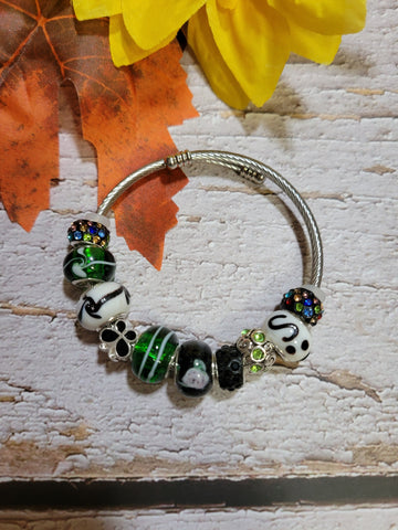 Big Bead Lampwork - Black/White/Green Country Craft Barn Coil Bracelet (#335)