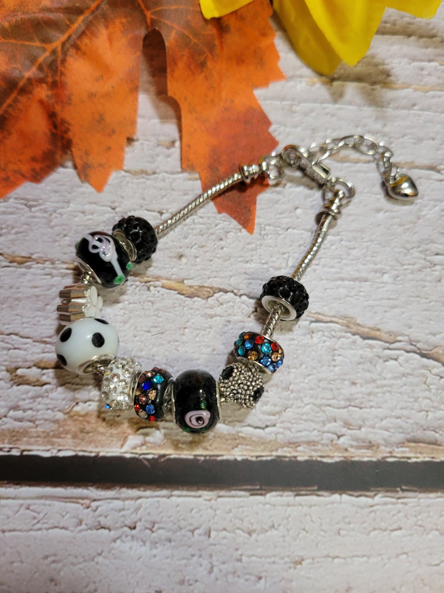 Big Bead Lampwork - Black/White Country Craft Barn Bracelet (#331)