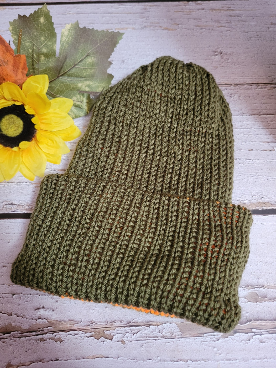 Beanie Cap- Orange/Olive Reversible Country Craft Barn Knit Hat (#2010)