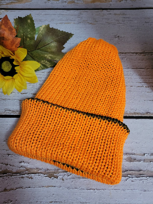Beanie Cap- Orange/Olive Reversible Country Craft Barn Knit Hat (KH-2010)