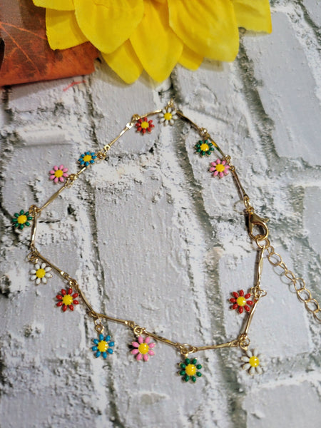 Daisy Flower - Multi/Gold - Country Craft Barn Anklet (#4002)