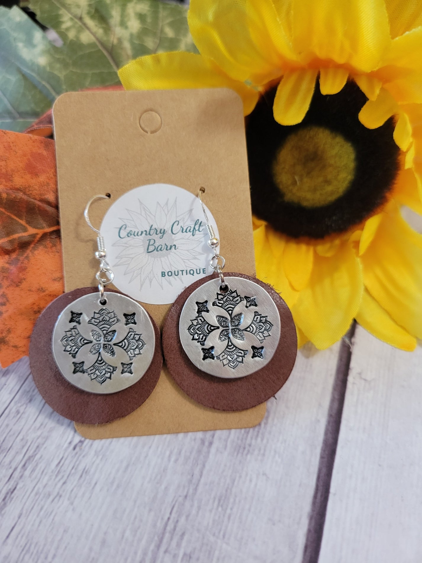 Mandalas and Leather - Brown Country Craft Barn Earrings (#156)