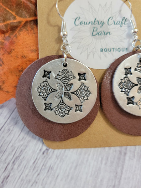 Mandalas and Leather - Brown Country Craft Barn Earrings (#156)