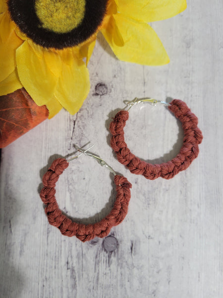 Larks Head Knot - Rust Red Macrame Hoop Country Craft Barn Earrings (#181)