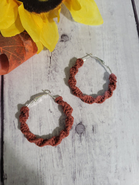 Spriral Twist Knot - Rust Red Macrame Hoop Country Craft Barn Earrings (#180)