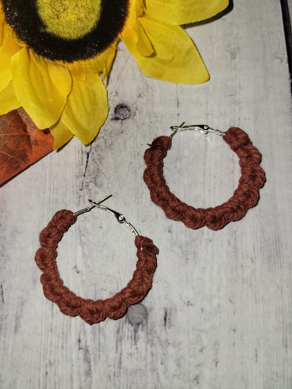 Larks Head Knot - Rust Red Macrame Hoop Country Craft Barn Earrings (#181)