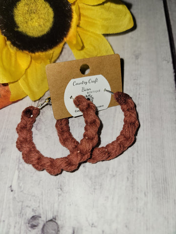 Larks Head Knot - Rust Red Macrame Hoop Country Craft Barn Earrings (#181)