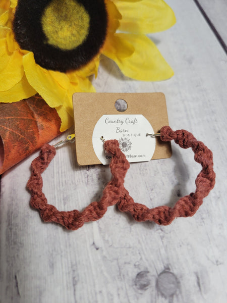 Spriral Twist Knot - Rust Red Macrame Hoop Country Craft Barn Earrings (#180)