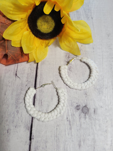 Double Half Hitch Knot - White Macrame Hoop Country Craft Barn Earrings (#179)