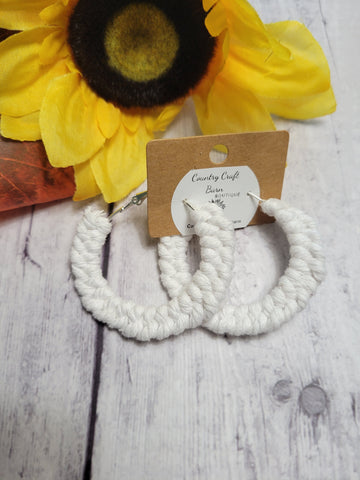 Double Half Hitch Knot - White Macrame Hoop Country Craft Barn Earrings (#179)
