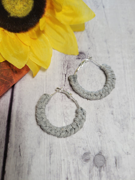 Double Half Hitch Knot - Light Gray Macrame Hoop Country Craft Barn Earrings (#178)