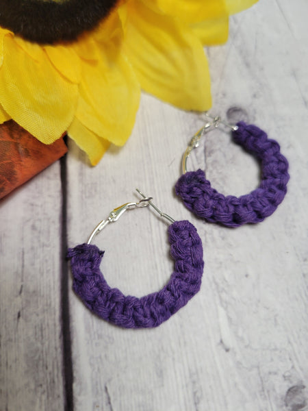 Square Knot Small - Dark Purple Macrame Hoop Country Craft Barn Earrings (#177)