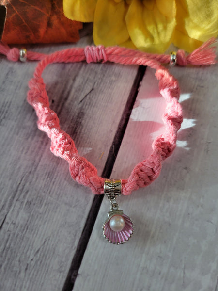 Pearl on a Half Shell Twist Knot - Dark Pink Cinch Pull Urban Country Craft Barn Bracelet (#1713)