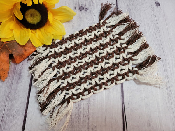 Macrame Mug Rug (Coaster) - Brown/Cream Striped Country Craft Barn (#815)