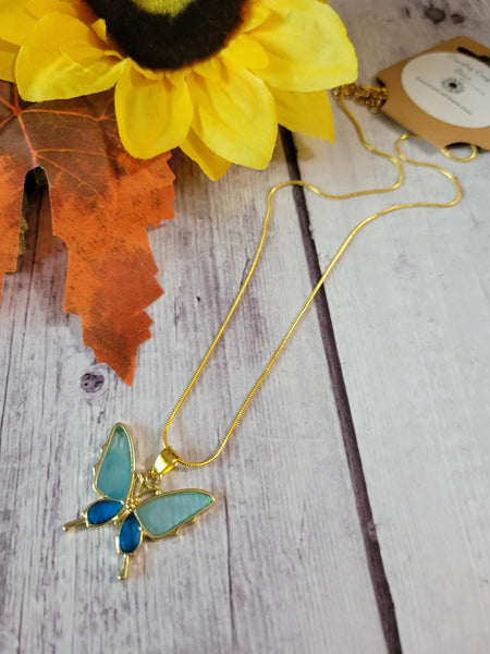 Two Toned Blue and Gold Butterfly Country Craft Barn Necklace (#614)