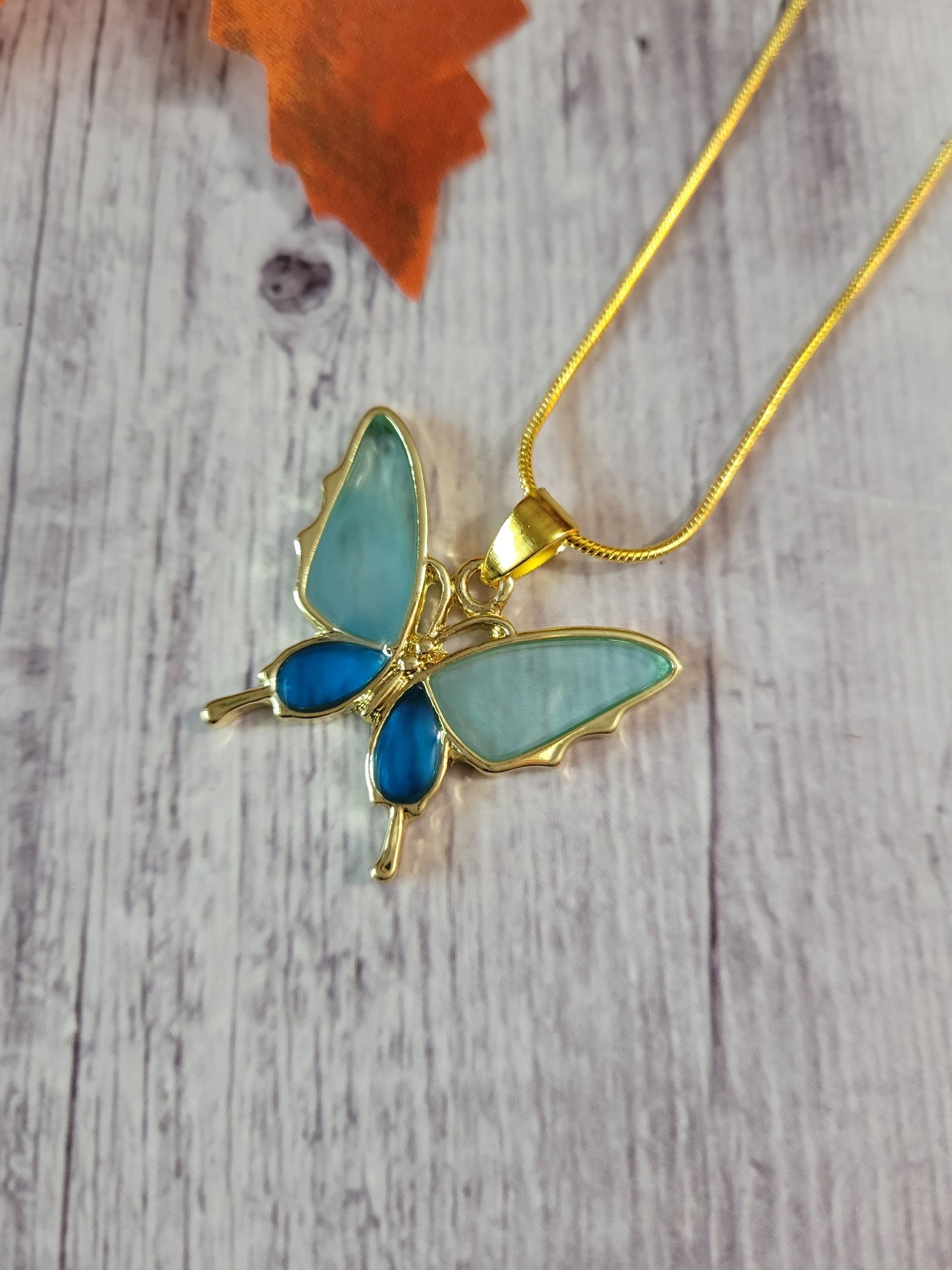 Two Toned Blue and Gold Butterfly Country Craft Barn Necklace (NL-614)