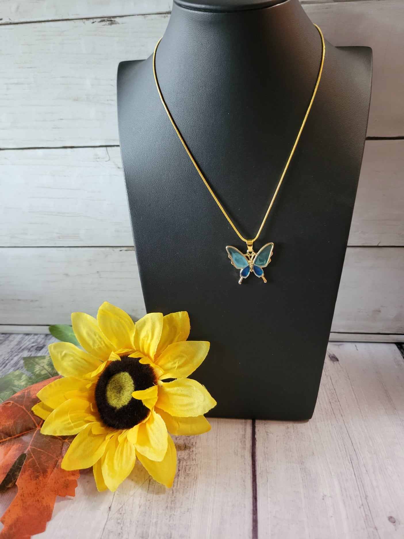 Two Toned Blue and Gold Butterfly Country Craft Barn Necklace (NL-614)