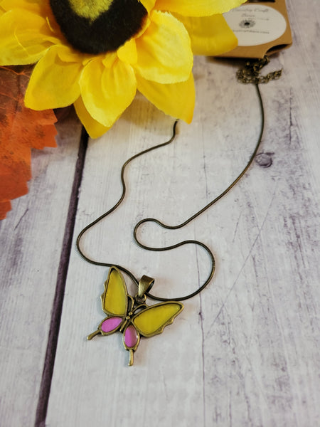 Yellow and Pink Brass Butterfly Country Craft Barn Necklace (#615)