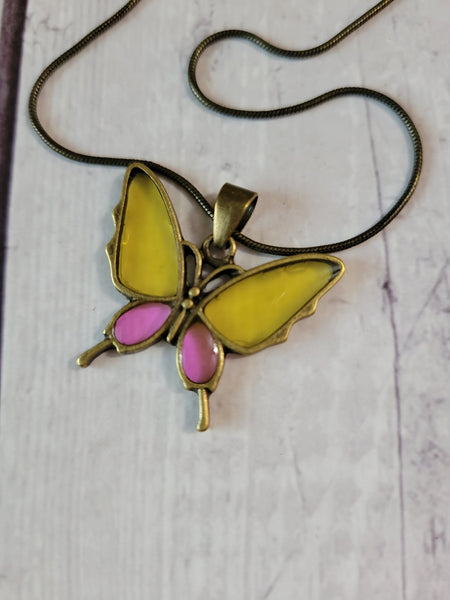 Yellow and Pink Brass Butterfly Country Craft Barn Necklace (#615)