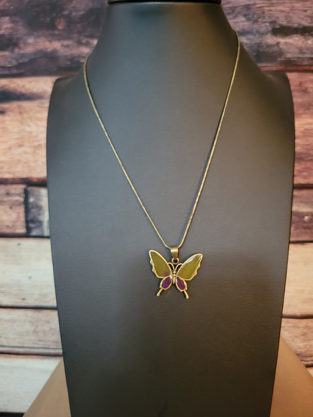 Yellow and Purple Brass Butterfly Country Craft Barn Necklace (#522)