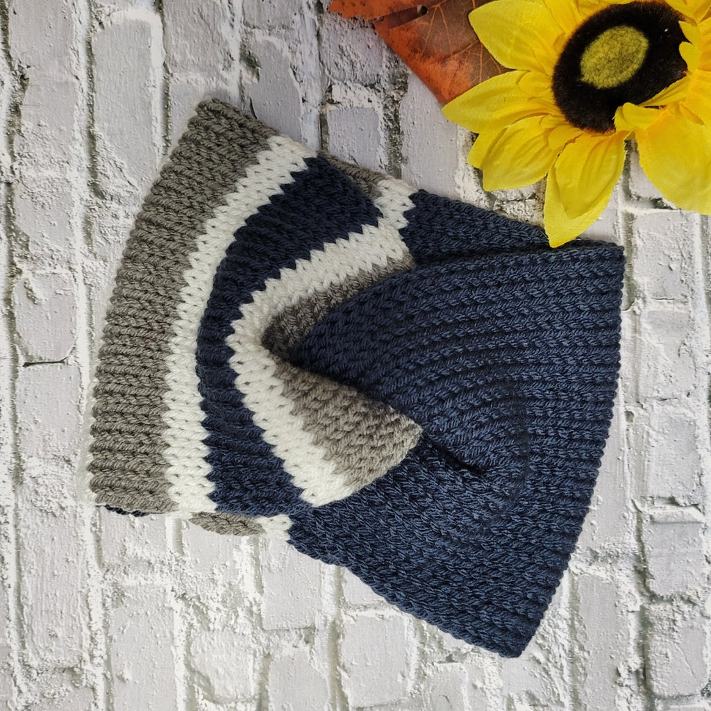 Team Spirit - Gray/Dk Denim Blue Country Craft Barn Cross Knit Ear Warmer (KB-933)