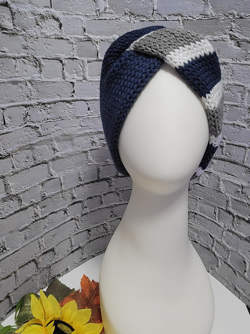 Team Spirit - Gray/Dk Denim Blue Country Craft Barn Cross Knit Ear Warmer (KB-933)