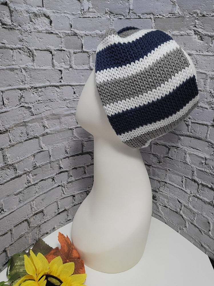 Team Spirit - Gray/Dk Denim Blue Country Craft Barn Cross Knit Ear Warmer (KB-933)