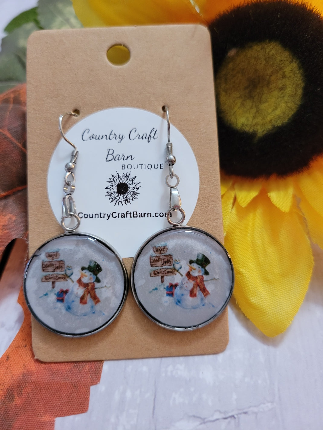 Snowman Scene - White - Country Craft Barn Earrings (E-230)