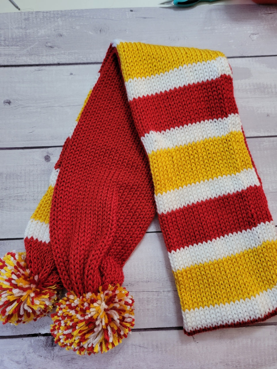 Team Spirit -Red/White/Gold Country Craft Barn Pom Pom Scarf (SC-1040)